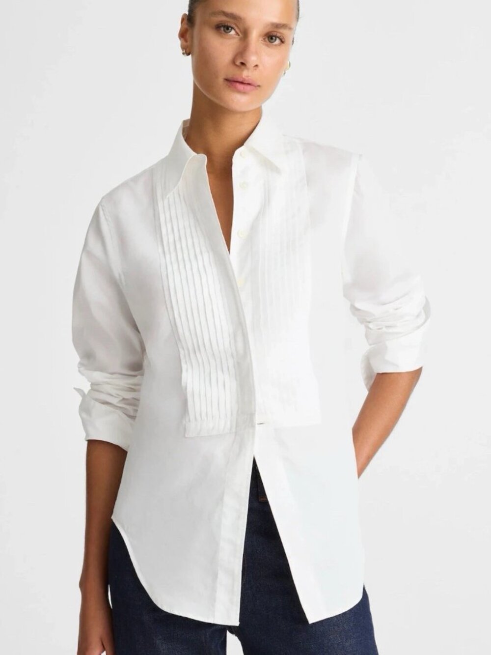 Madewell White Pintuck Poplin Button Up Long Sleeve Cutaway Tuxedo Shirt XS NWT